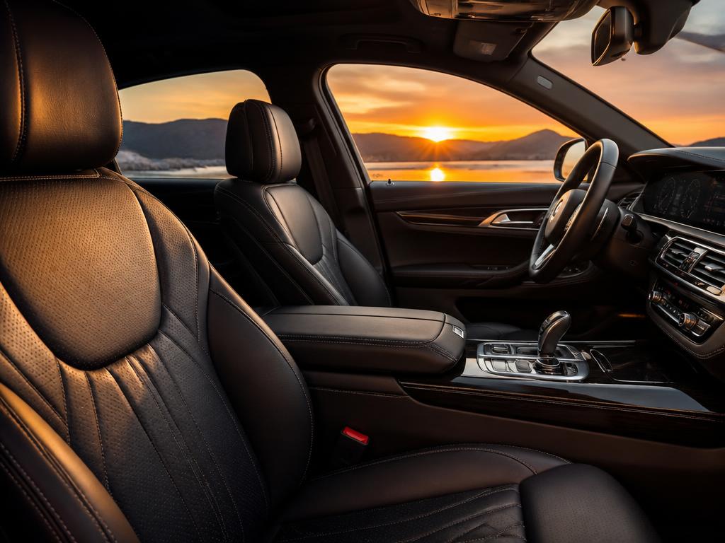 Spotless luxury car interior with clean leather seats in dusk light
